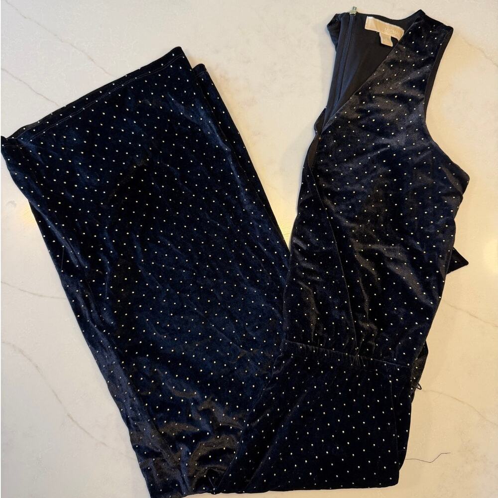 Michael Kors Black Velvet Gold Metallic Dot Jumpsuit wide leg sleeveless V neck